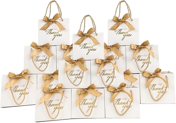 TKSBAG 100 Pack Small Thank You Gift Bags with Handles, 5.5''x 2.5''x4.7'' Mini White Gift Bags Bulk for Baby Shower, Birthday, Wedding, Party Favors