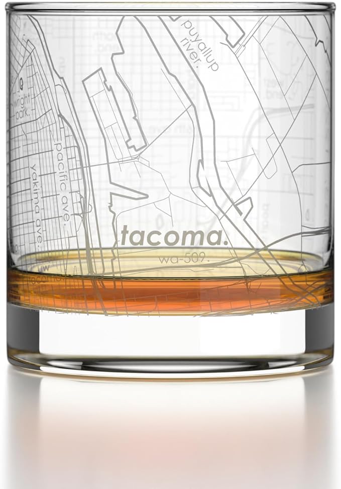 Well Told Engraved Tacoma Washington Map Rocks Glass, Old Fashioned Glassware (11 oz, Clear) Etched Bourbon Tumbler, Gifts For Whiskey Lovers