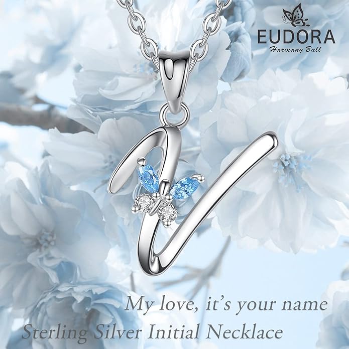 EUDORA Sterling Silver Butterfly Initial Necklaces for Women, Elegant Letter Neckles Personalized Gift for Mother, Sister, Daughter, 18 inch Chai