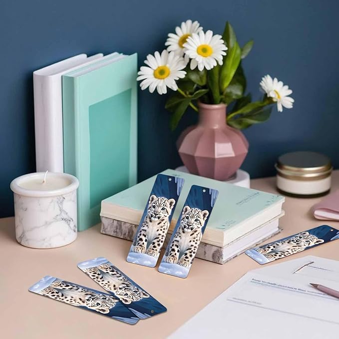 Snow Leopard Bookmarks 5 Pcs Cute Animal Spot Wooden Bookmark with Tassels for Reading Book Lovers Gift Office School Readers Teacher