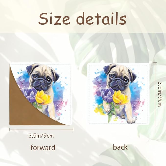 2PCS Leather Bookmarks 3.54 x 3.54 Inch Cute Pug Dog with Flowers Design Reading Accessories for Books Journals Bibles Travel Diary Students Teachers and Book Lovers Gift