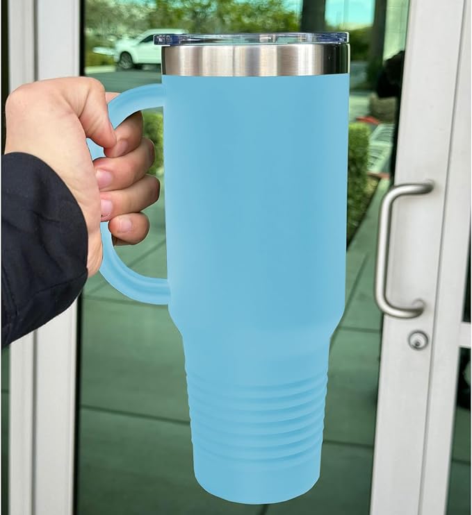 LaserGram 40oz Vacuum Insulated Travel Mug with Handle, Cup Cake, Personalized Engraving Included (Light Blue)
