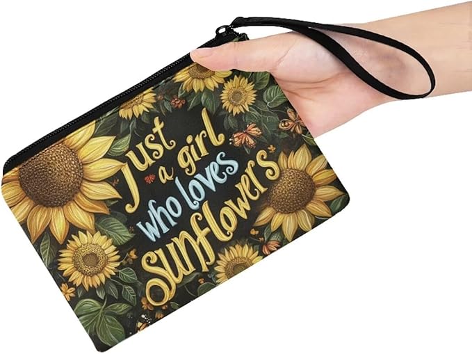 Dolyues Sunflower and Word Change Purses for Women Wristlet Strap Tote Wallet Zipper Coin Purse Credit Cards Bags Organizer Shopping Carrier Bag Wallets Change Pouch