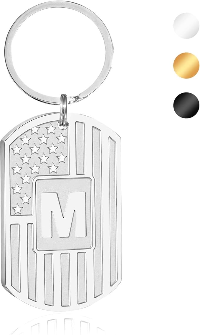 Valentines Day Gifts for Him -Initial Keychain Gifts for Men,A-Z Letter American Flag KeyChain for Men