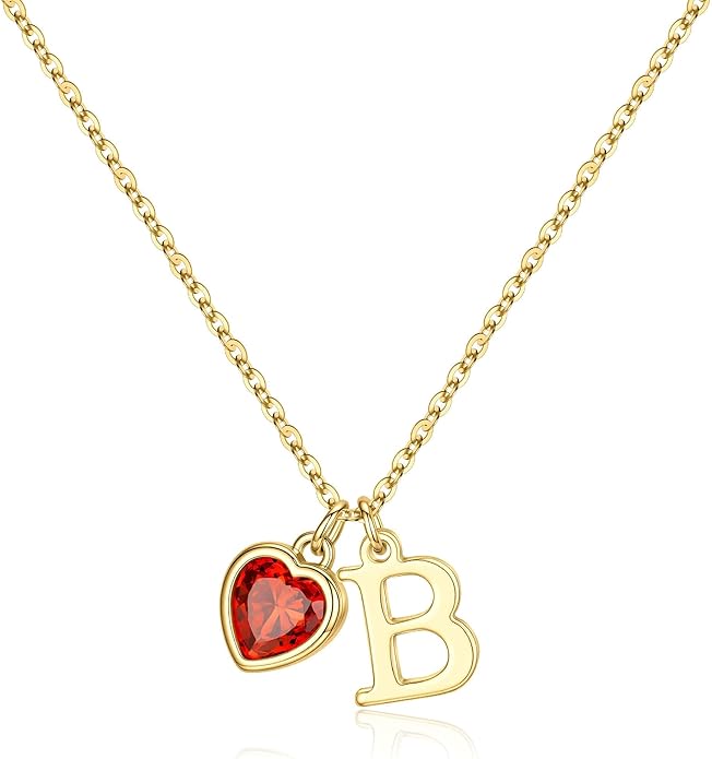 Turandoss Valentines Day Gifts for Her Trendy, Dainty 14K Gold Plated Initial A-Z Heart Birthstone Pendant Necklace Personalized Bridesmaid Birthday Valentines Jewelry Gifts for Women Girls