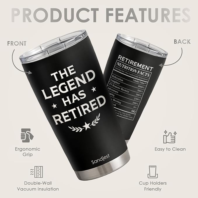 SANDJEST Retirement Tumbler 20oz, Stainless Steel Travel Cup with Lid, The Legend Has Retired Insulated Coffee Mug, Retirement Gifts for Men Coworkers Boss Friends on Birthday Christmas Farewell