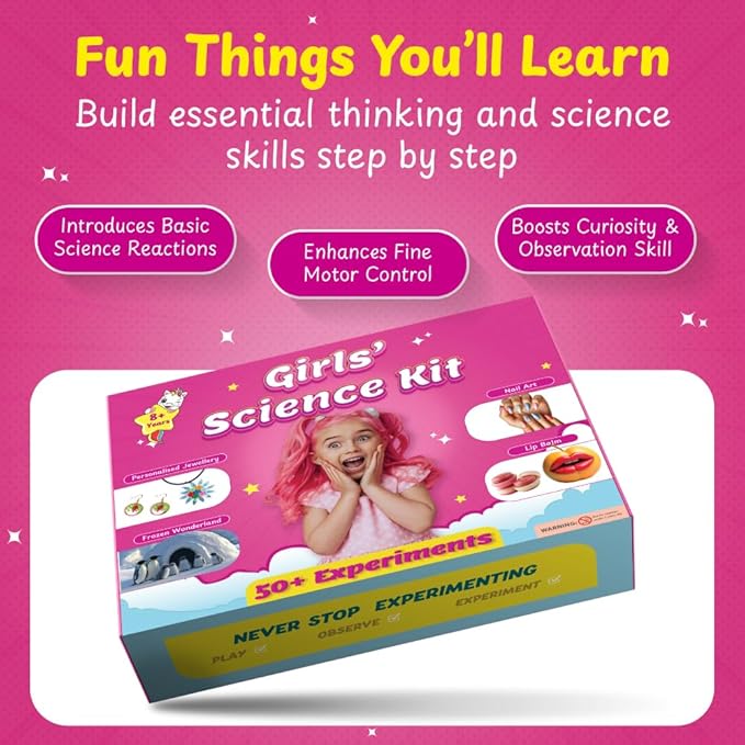 50+ Experiments Science Kit for Girls, Includes DIY Nail Art, Personalised Jewellery, Lip Balm, Frozen Wonderland | Birthday Gift for Girls, Educational Toy for Kids - Curious Junior