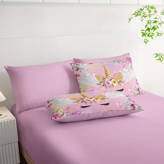 Unicorn Comforter Set Queen - 7 Pcs Floral Girls Bedding, Pink Purple Blue Girls Quilt Set, All Season Microfiber Comforter, Sheets, Pillowcases