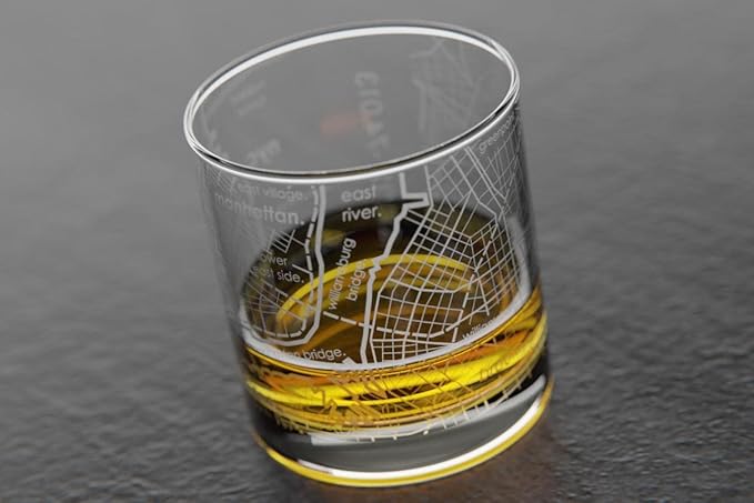 Well Told Engraved New York City Map Rocks Glass, Old Fashioned Whiskey Glass (11 oz, Clear) Etched Whiskey Glass, Gifts For Whiskey Lovers