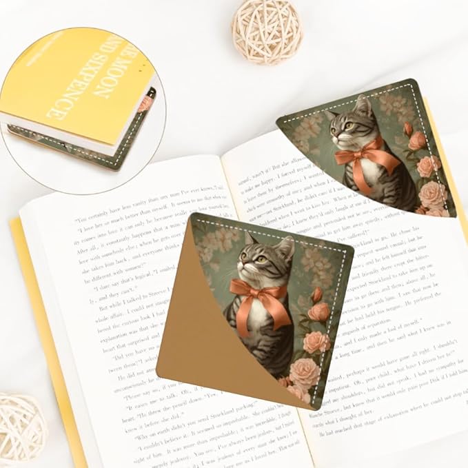 2PCS Leather Bookmarks 3.54 x 3.54 Inch Vintage Cat with Bow and Roses Design Reading Accessories for Books Journals Bibles Travel Diary Students Teachers and Book Lovers Gift