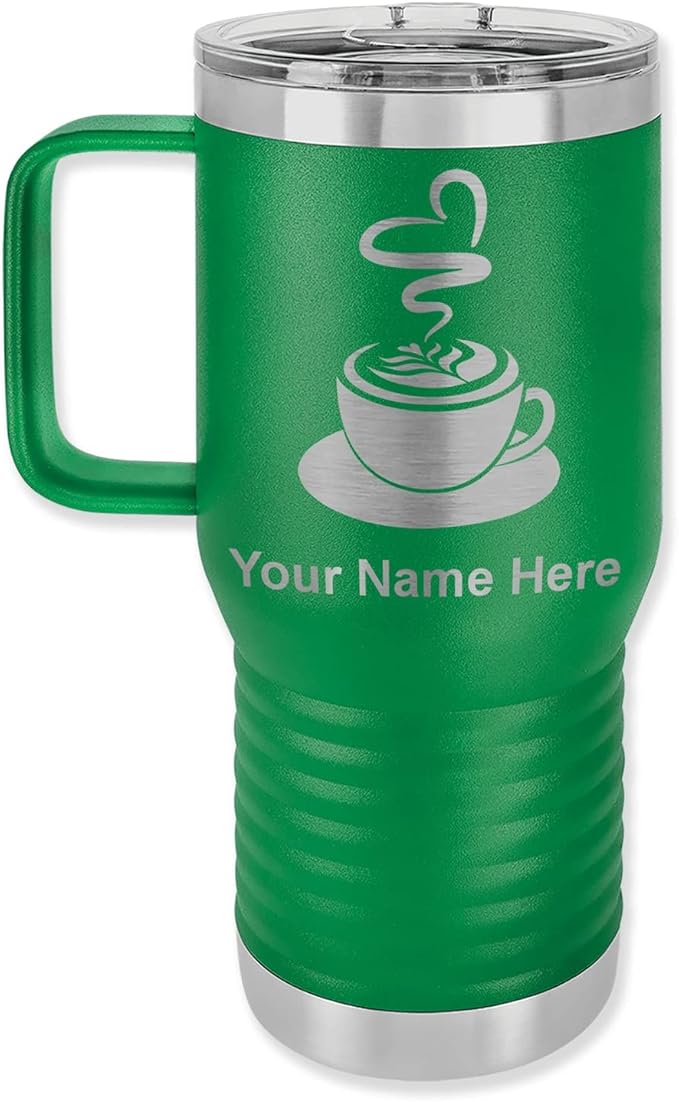 LaserGram 20oz Vacuum Insulated Travel Mug with Handle, Cup of Coffee, Personalized Engraving Included (Green)
