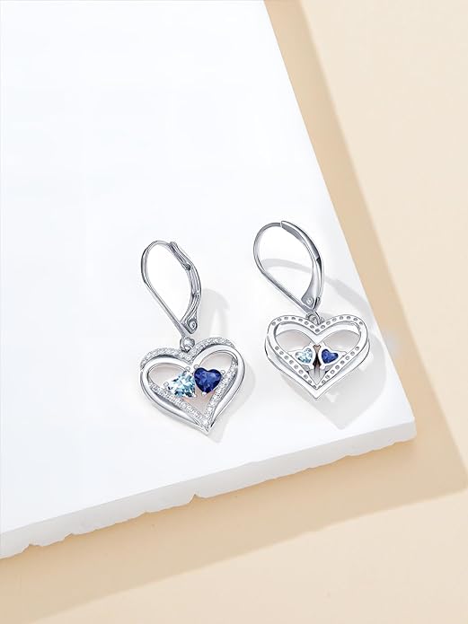 Heart Leverback Earrings Double Birthstone Dangle Earrings for Women, Love Jewelry for Her, Christmas Gifts for Women, Anniversary Birthday Gift for Mom Wife Girlfriend