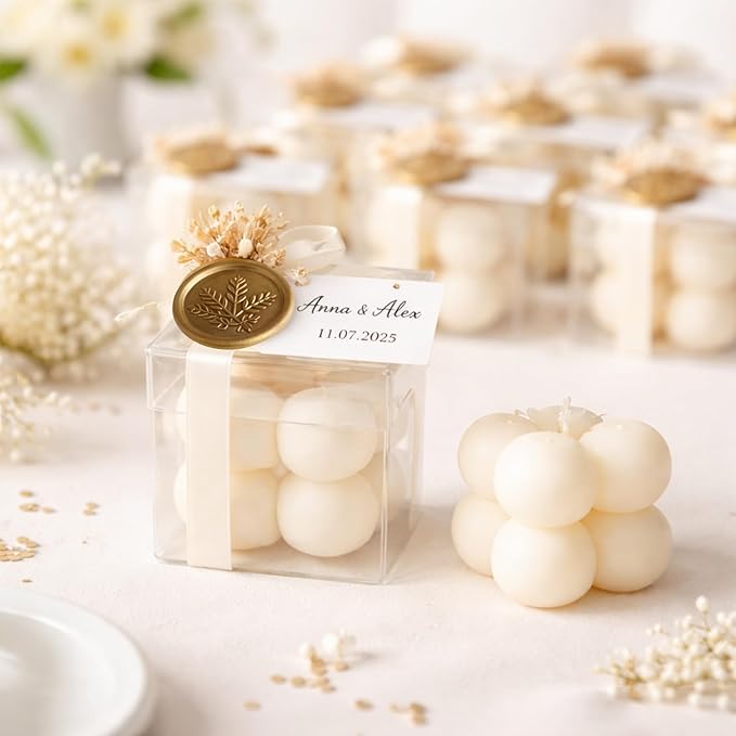 Personalized Bubble Candle Favors with Dried Flowers & Wax Seal – Soy Wax Wedding & Bridal, Baby Shower Bulk Event Gifts (10–200 pcs)
