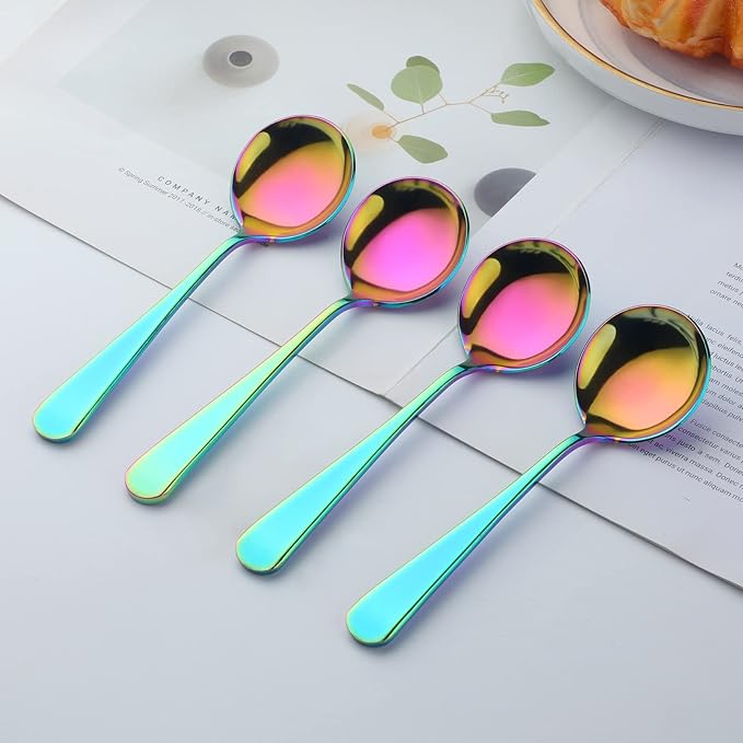 Buyer Star 8 Pieces Stainless Steel Round Soup Spoon, 6.3 Inch Mirror Polished Spoon Cutlery, Dishwasher Safe (Rainbow)