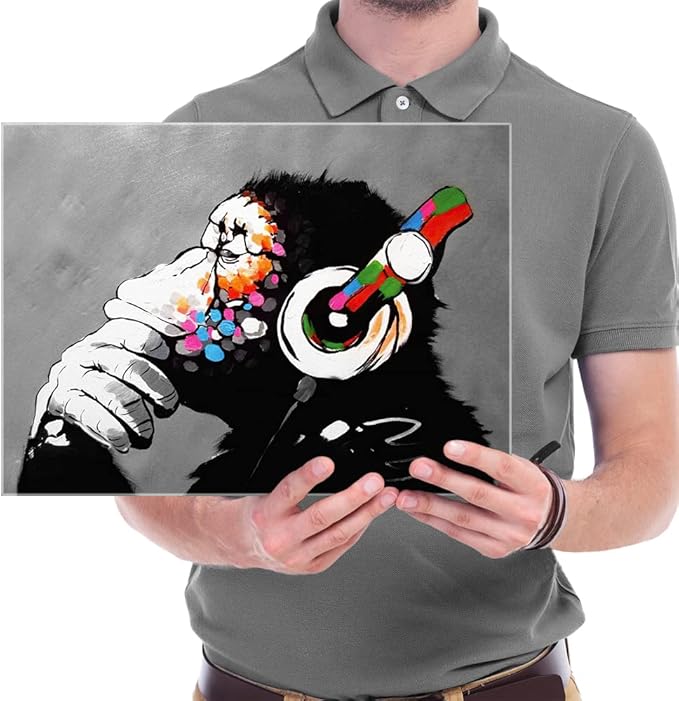 Wieco Art Monkey With Headphones Banksy DJ Chimp Pop Art Cool Ape Abstract Canvas Prints Wall Art Paintings for Living Room Bedroom Home Decorations Stretched Artwork for Office Decor