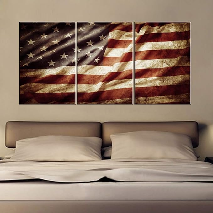 Native America Pictures Wall Decor Retro USA Flags Paintings for Living Room White Stars Grunge Wall Art on Canvas Freedom Symbol Artwork Home Decor Giclee Framed Stretched Ready to Hang(48''Wx24''H)