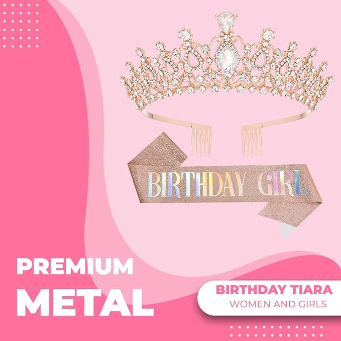 Birthday Tiara and Crown with Sash for Women, Hair Accessories for Wedding Party Costume (B - Rose)
