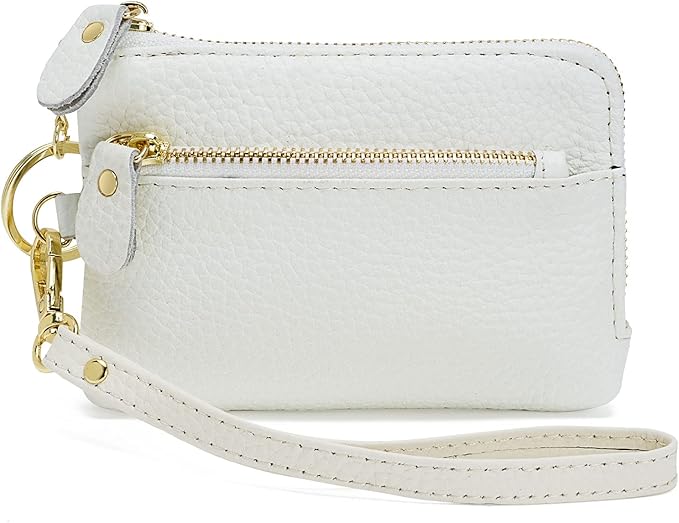 Genuine Leather Coin Purse for Women with Large Opening & Wrist Strap Navy (White)