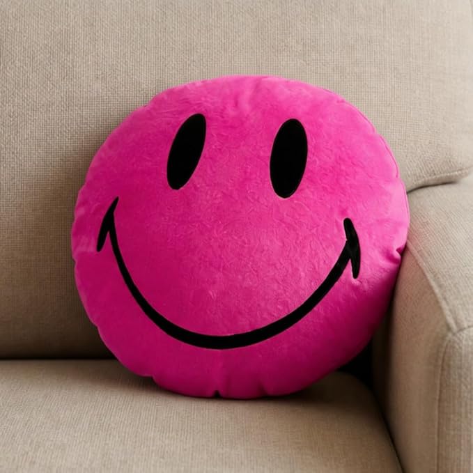 Smiley Face Pillow - Cute Plush for Fun Bedroom Decor - 16" X 16" Soft Cotton Cool Kids' Throw Pillows with Inserts Included - Birthday Gift - Room Decor Aesthetic for Bedroom. (Pink)
