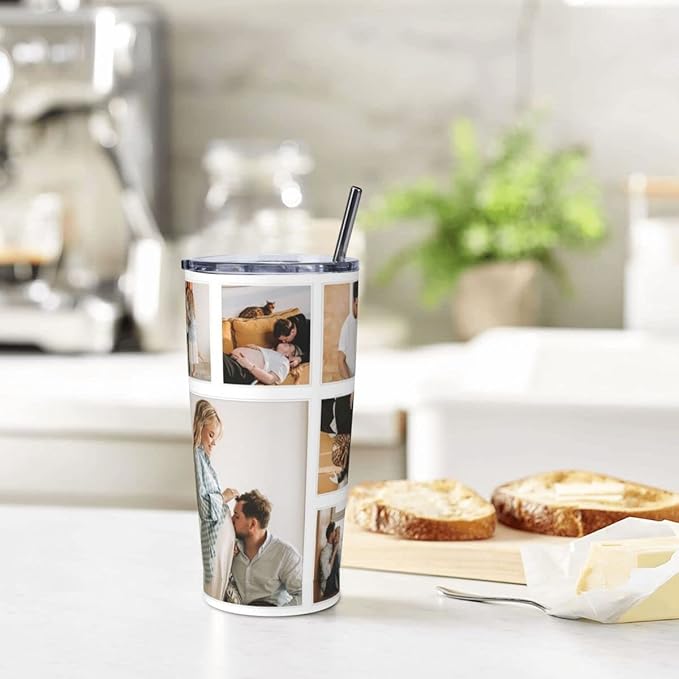 Personalized Custom tumbler Coffee Mug with Lid and Straw Hot and Cold Stainless Steel Vacuum Insulated Travel Mug with Photo Personalized tumbler Gift (20 oz, Funnel，9 photos)