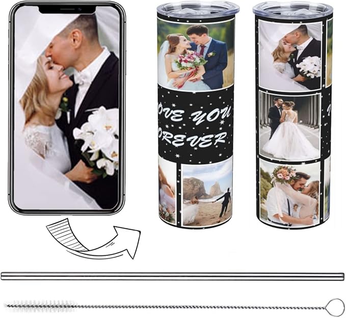 Personalized Custom tumbler Coffee Mug with Lid and Straw Hot and Cold Stainless Steel Vacuum Insulated Travel Mug with Photo Personalized tumbler Gift (20 oz, Cylinder, 6 photos