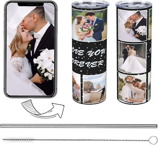 Personalized Custom tumbler Coffee Mug with Lid and Straw Hot and Cold Stainless Steel Vacuum Insulated Travel Mug with Photo Personalized tumbler Gift (20 oz, Cylinder, 6 photos