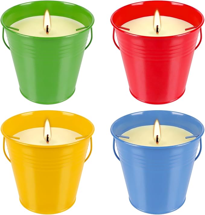 4 Pack 12oz Each Citronella Scented Candles - Colorful Metal Bucket Candles, Smokeless Indoor Outdoor Candles for Backyard, Camping & Gatherings