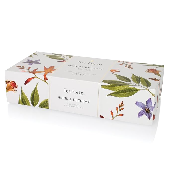 Tea Forte Premium Petite Presentation Box Gift Set Sampler, 10 Count, 2 of Each Blend Individually Wrapped Handcrafted Pyramid Infuser Bags, Herbal Retreat Tea