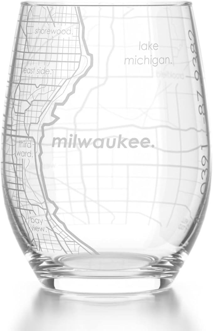 Well Told Engraved Milwaukee Wisconsin Map Stemless Wine Glass, Etched Glass (15 oz, Clear) City Custom Gifts for Lovers