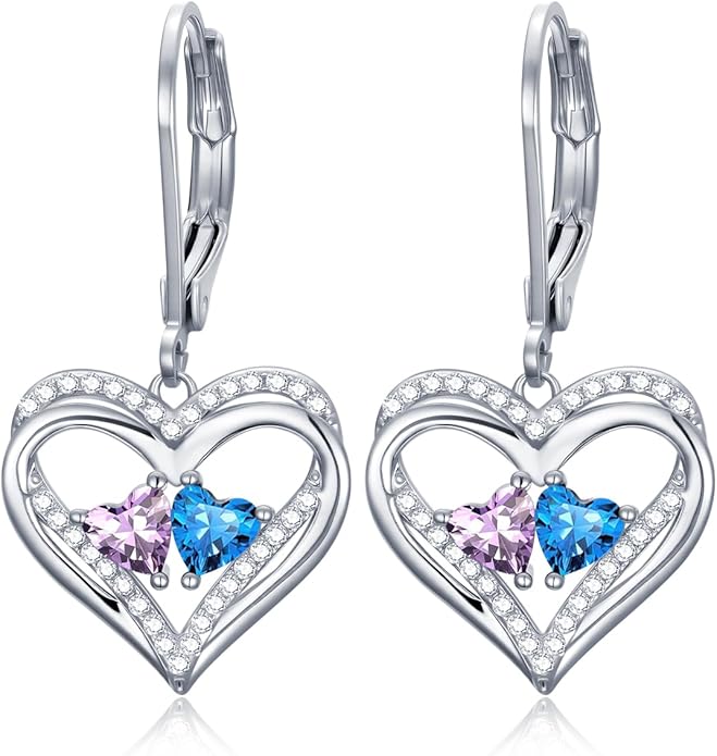 Heart Leverback Earrings Double Birthstone Dangle Earrings for Women, Love Jewelry for Her, Christmas Gifts for Women, Anniversary Birthday Gift for Mom Wife Girlfriend