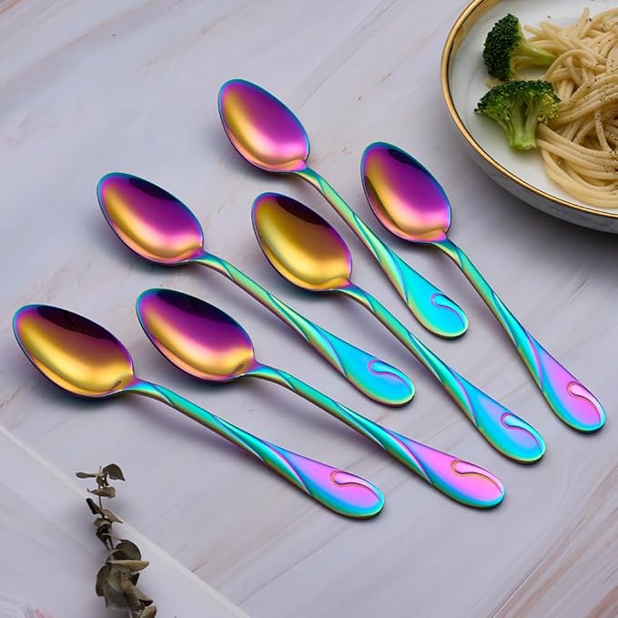 Rainbow Dinner Spoon Set, 7.6-inch Stainless Steel Spoon Silverware, 6-Piece Shiny Rainbow Soup Spoons Table Spoon, Dishwasher Safe, Set of 6