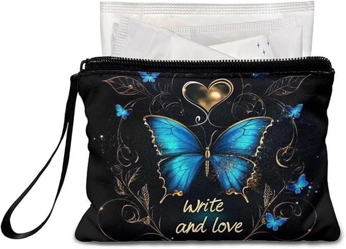 Dolyues Vintage Girls Coin Purse Wallets for Women, Blue Butterfly Print Handbags with Wrist Strap Zip Around, Small Wallet for Wife Birthday, Polyester Change Purse Pouch Bag