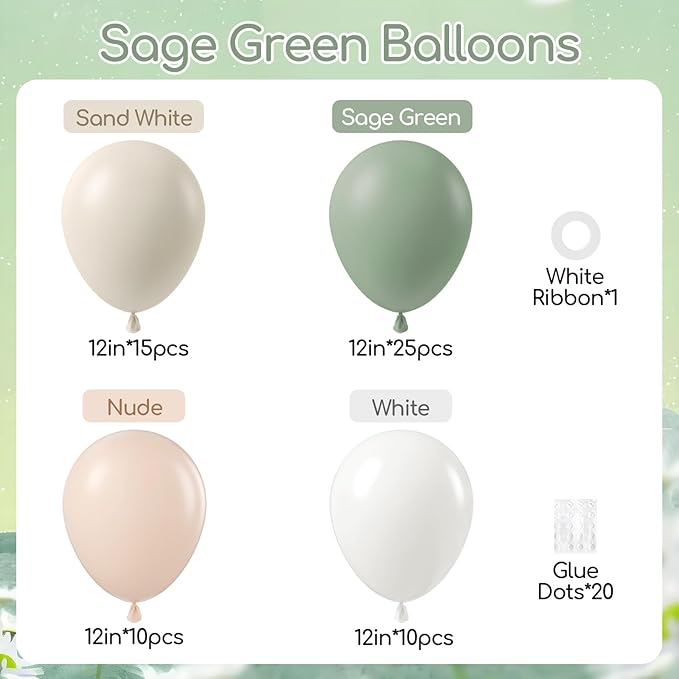 60pcs Sage Green Balloons 12inch with Sage Green Nude Sand White Balloons for Neutral Bridal Baby Shower Wedding Birthday Engagement Party Decorations