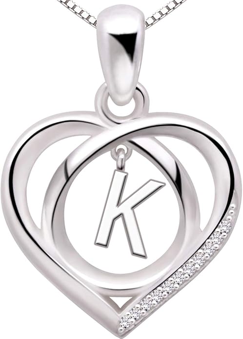 ALOV Jewelry Sterling Silver Initial Letter Alphabet Love Heart Cubic Zirconia Pendant Necklace