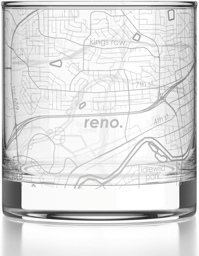 Well Told Engraved Reno Nevada Map Rocks Glass, Old Fashioned Glassware (11 oz, Clear) Etched Bourbon Tumbler, Gifts For Whiskey Lovers