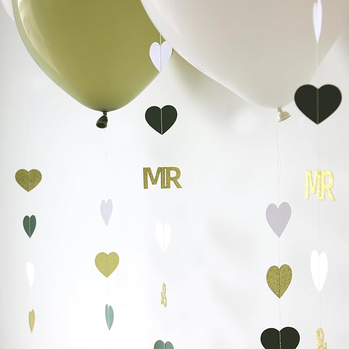 Sage Green Wedding Party Decorations Gold/Green/White Heart Mr and Mrs Garland with Balloons for Bridal Shower Engagement Bachelorette Party