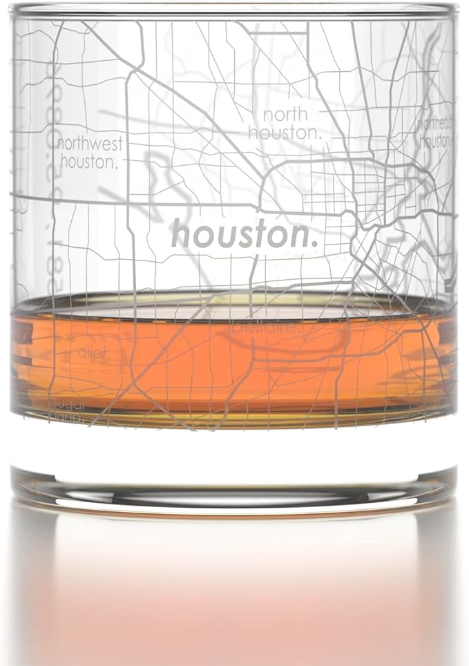 Well Told Engraved Houston Texas Map Rocks Glass, Old Fashioned Whiskey Glass (11 oz, Clear) Etched Whiskey Glass, Gifts For Whiskey Lovers