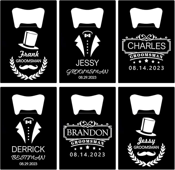6PCSPersonalized Bottle Openers Credit Card Size, Groomsmen Best Man Gifts for Wedding Bachelor Party, Stainless Steel Beer Bottle Opener