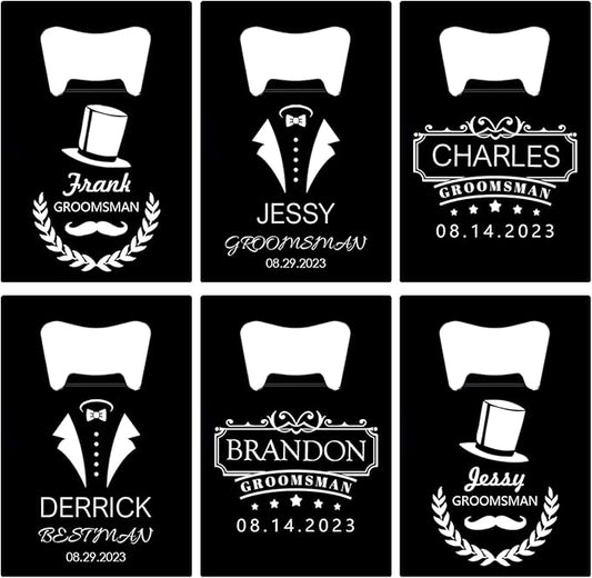 6PCSPersonalized Bottle Openers Credit Card Size, Groomsmen Best Man Gifts for Wedding Bachelor Party, Stainless Steel Beer Bottle Opener