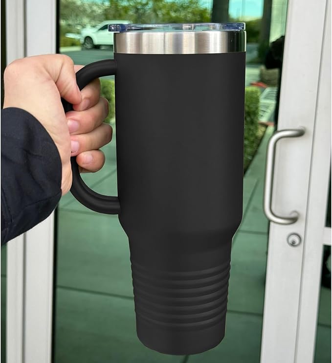 LaserGram 40oz Vacuum Insulated Travel Mug with Handle, Bronco Rider, Personalized Engraving Included (Black)