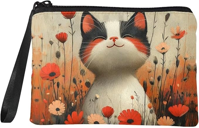 Dolyues Cat Flower Change Purses for Women Zipper Coin Purse Floral Coin Pouch With Wristlet Cute Wallets for Shopping Travel and Work