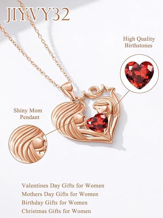 Mother and Daughter/Son Love Heart Necklace White Gold/14K Gold/Rose Gold Birthstone Jewelry Christmas Mothers Day Birthday Gifts For Mom Wife Grandma Women