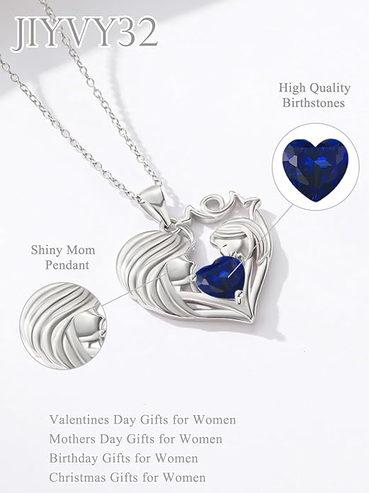 Mother and Daughter/Son Love Heart Necklace White Gold/14K Gold/Rose Gold Birthstone Jewelry Christmas Mothers Day Birthday Gifts For Mom Wife Grandma Women