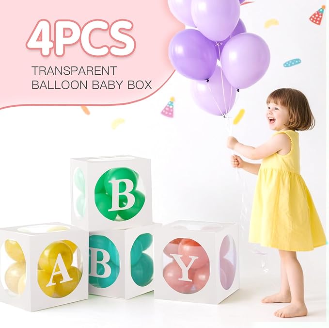Baby Boxes with Letters for Baby Shower,Transparent Balloon Boxe 4 PCS Clear Baby Shower Decorations Block Boxes for Gender Reveal,Birthday Party Decorations