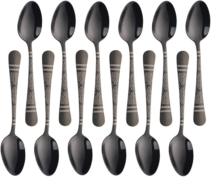 Black Unique Pattern Design Coffee Espresso Spoons Mini, Mingcheng Stainless Steel Small Teaspoons Silverware Set of 12, BISDARUN 5.5 Inches Food Spoons for Demitasse Dessert Tea