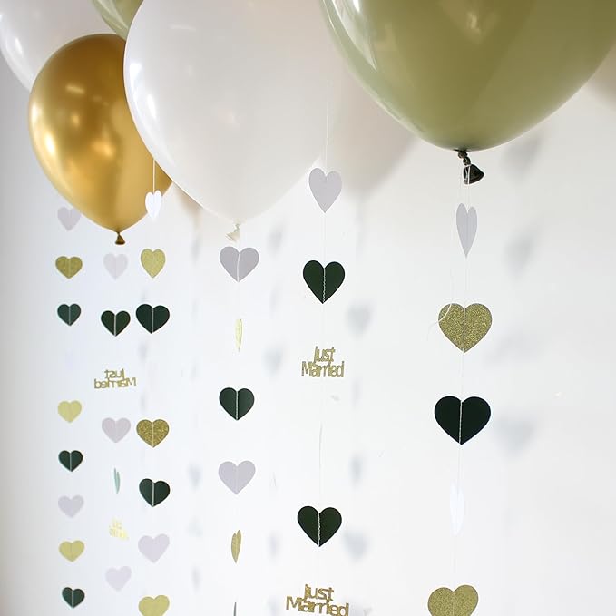 Sage Green Just Married Wedding Party Decorations Gold/Green/White Heart Just Married Garland and Balloons for Wedding Bridal Shower Party