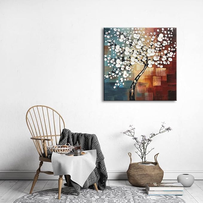 Wieco Art Morning Glory Modern Abstract White Flowers Oil Paintings on Canvas Wall Art 100% Hand Painted Floral Artwork for Living Room Bedroom Home Office Decorations Wall Decor