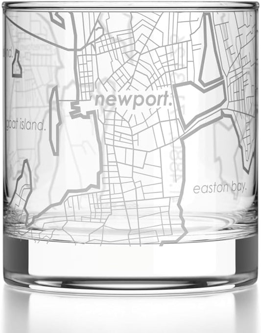 Well Told Engraved Newport Rhode Island Map Rocks Glass, Old Fashioned Glassware (11 oz, Clear) Etched Bourbon Tumbler, Gifts For Whiskey Lovers