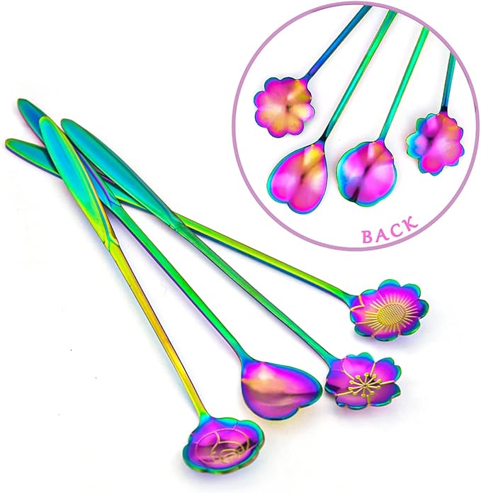 Flower Spoon Set of 4, 7 Inches Stainless Steel Reusable Cute Tea Spoon for Drink Mixing Milkshake Jam (Rainbow)
