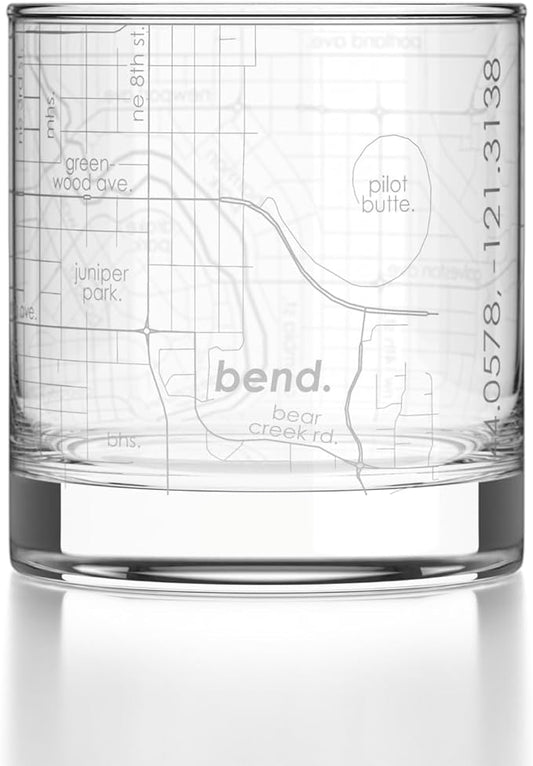 Well Told Engraved Bend Oregon Map Rocks Glass, Old Fashioned Glassware (11 oz, Clear) Etched Bourbon Tumbler, Gifts For Whiskey Lovers